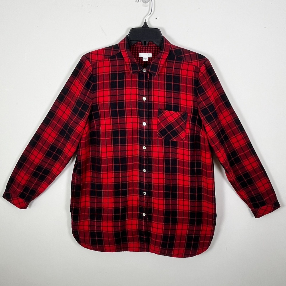 J. Jill Red Black Buffalo Plaid Cotton Flannel Button Down Shirt Pockets Medium
